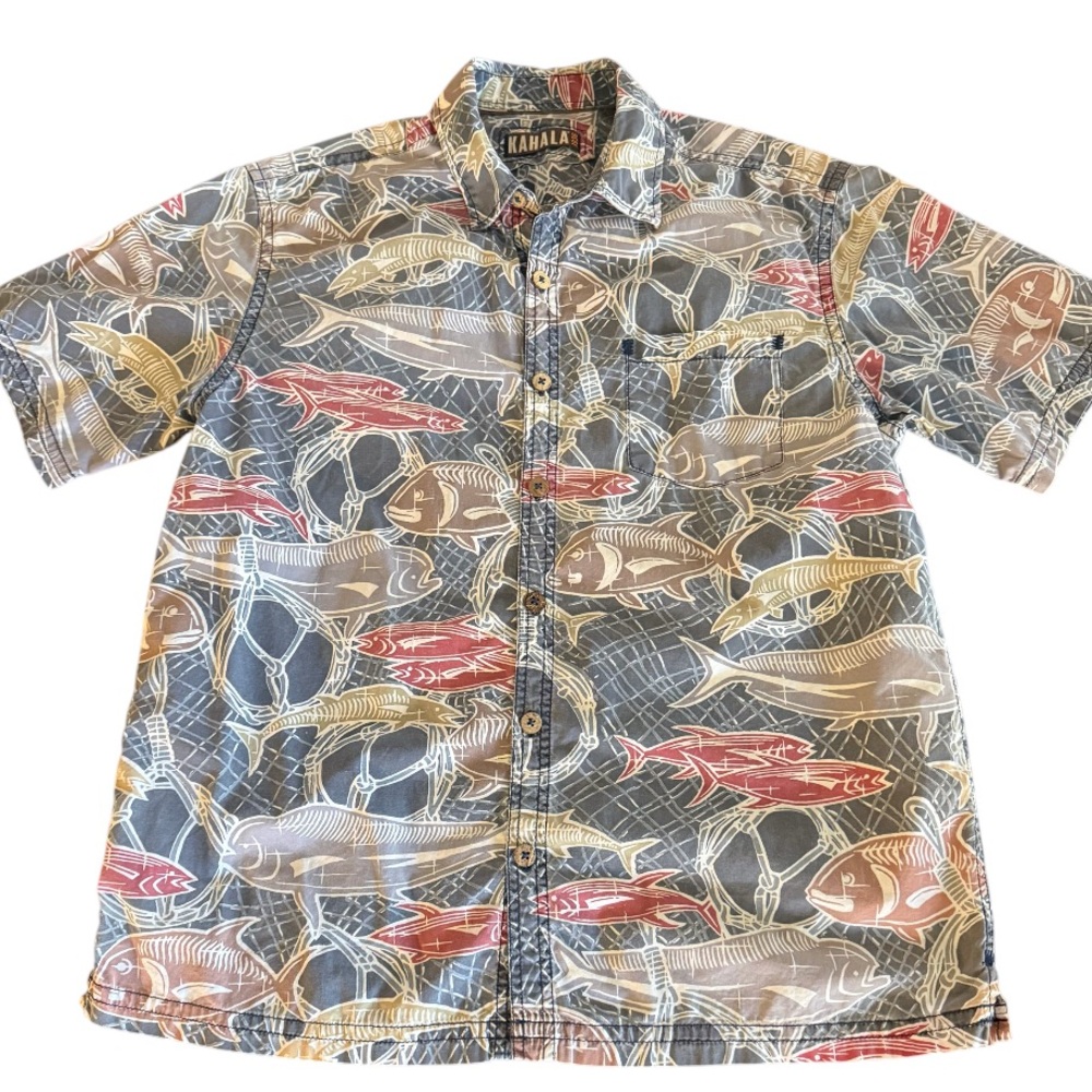 Hawaiian Shirt Men’s L Kahala aloha Fish Print 100% Cotton Weather Beaten Finish
